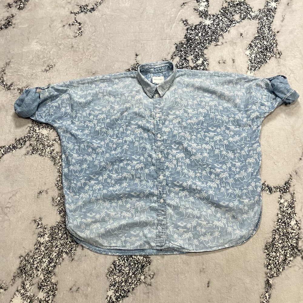 American Eagle Tropical Palm Tree Button Shirt Blue Cotton Womens Sz SP